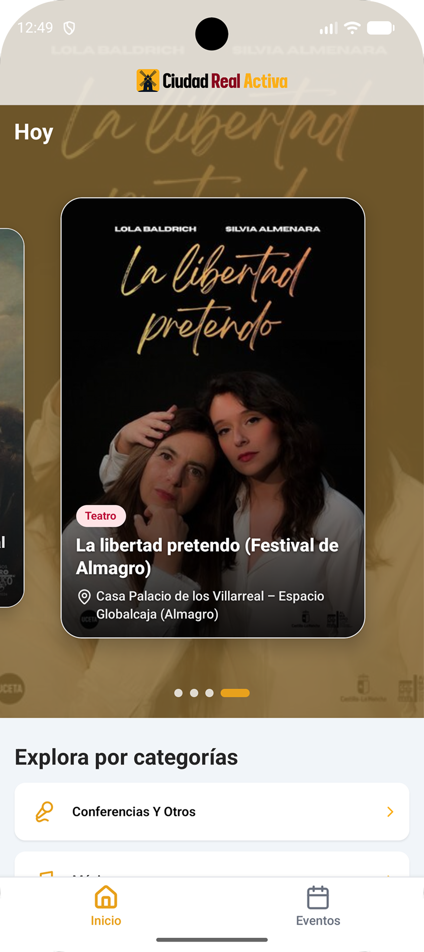Captura de pantalla de la app Ciudad Real Activa mostrando eventos del día y categorías